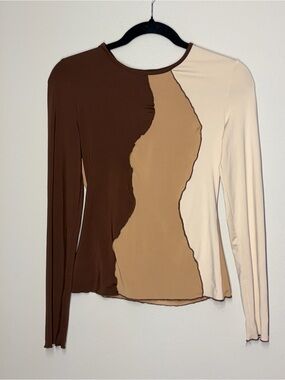 Colorblock Long Sleeve Women’s Top in Brown, Tan & Cream